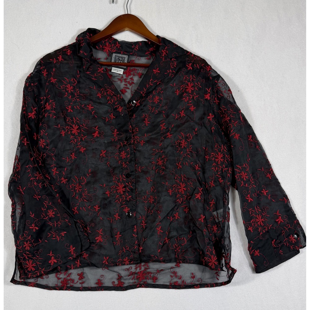 Vintage DW 123 Black Sheer Silk Red Floral Embroidered Button Down Top Size 3
